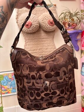 Coach Brown Signature Canvas Shoulder Bag with Braided Handle